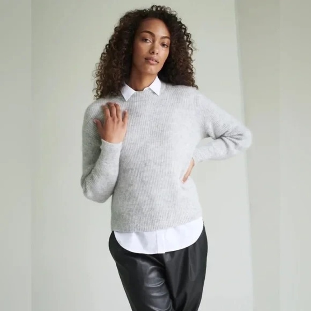 Quince Womens Baby Alpaca Wool Crew Pullover Long Sleeve Ribbed Light Grey Small